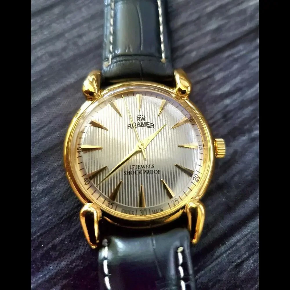 Rare Roamer‎ Brevete Swiss Mens Manual Watch Gld Cham Blk
